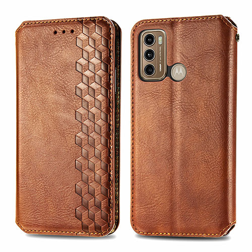 Leather Case Stands Flip Cover Holder S01D for Motorola Moto G60 Brown
