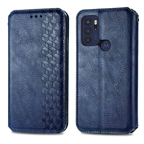 Leather Case Stands Flip Cover Holder S01D for Motorola Moto G60s Blue