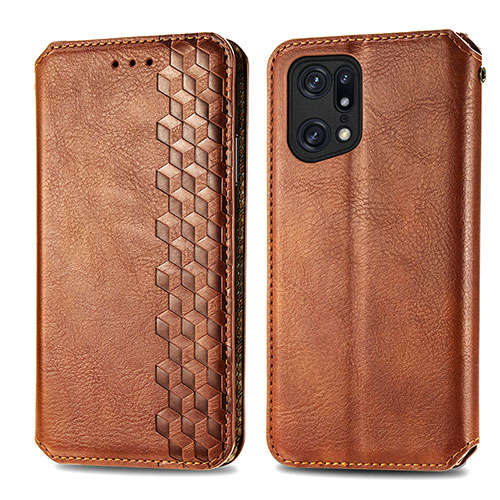 Leather Case Stands Flip Cover Holder S01D for Oppo Find X5 Pro 5G Brown