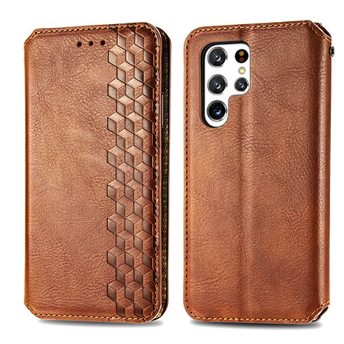 Leather Case Stands Flip Cover Holder S01D for Samsung Galaxy S22 Ultra 5G Brown