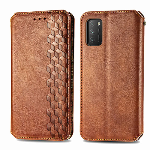 Leather Case Stands Flip Cover Holder S01D for Xiaomi Poco M3 Brown