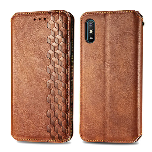 Leather Case Stands Flip Cover Holder S01D for Xiaomi Redmi 9AT Brown