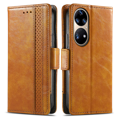 Leather Case Stands Flip Cover Holder S02D for Huawei P50 Pro Light Brown