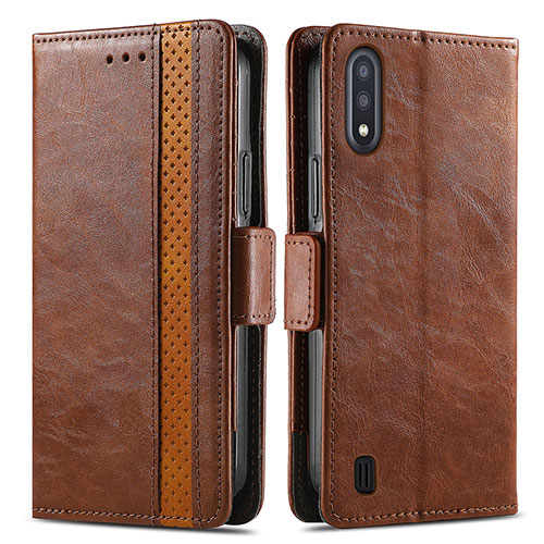 Leather Case Stands Flip Cover Holder S02D for Samsung Galaxy A01 SM-A015 Brown