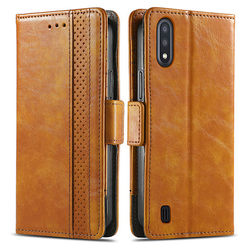 Leather Case Stands Flip Cover Holder S02D for Samsung Galaxy A01 SM-A015 Light Brown