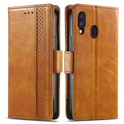 Leather Case Stands Flip Cover Holder S02D for Samsung Galaxy A40 Light Brown