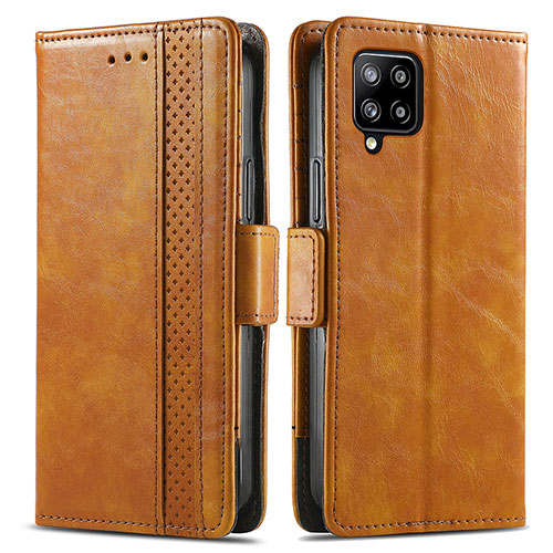 Leather Case Stands Flip Cover Holder S02D for Samsung Galaxy A42 5G Light Brown