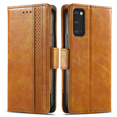 Leather Case Stands Flip Cover Holder S02D for Samsung Galaxy S20 Plus 5G Light Brown