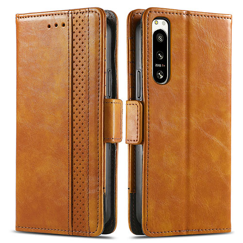 Leather Case Stands Flip Cover Holder S02D for Sony Xperia 5 IV Light Brown