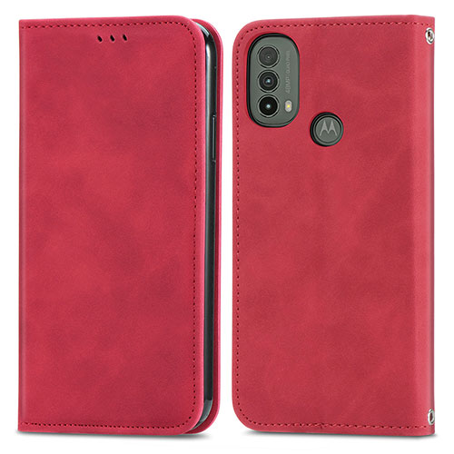 Leather Case Stands Flip Cover Holder S04D for Motorola Moto E30 Red