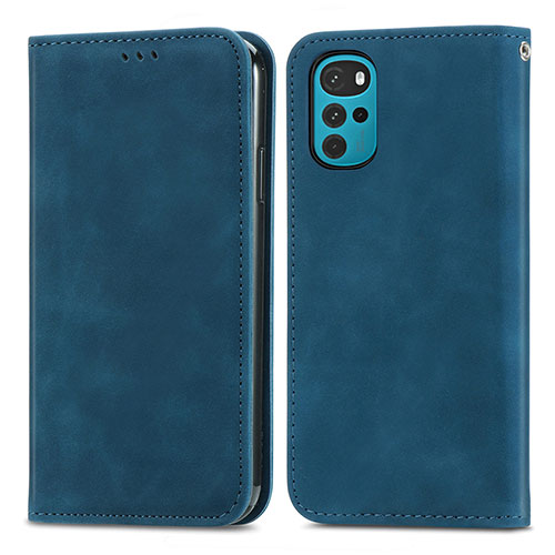 Leather Case Stands Flip Cover Holder S04D for Motorola Moto G22 Blue