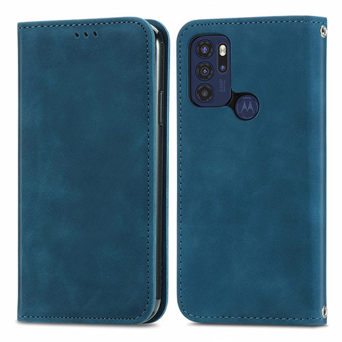 Leather Case Stands Flip Cover Holder S04D for Motorola Moto G60s Blue
