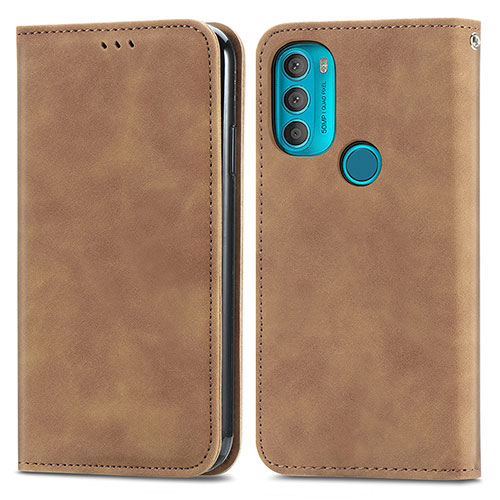 Leather Case Stands Flip Cover Holder S04D for Motorola Moto G71 5G Brown