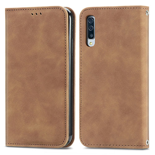 Leather Case Stands Flip Cover Holder S04D for Samsung Galaxy A50 Brown