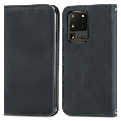 Leather Case Stands Flip Cover Holder S04D for Samsung Galaxy S20 Ultra 5G Black