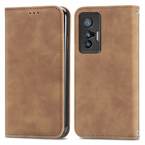 Leather Case Stands Flip Cover Holder S04D for Vivo X70 5G Brown