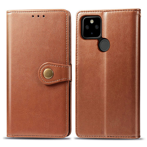 Leather Case Stands Flip Cover Holder S05D for Google Pixel 5 XL 5G Brown