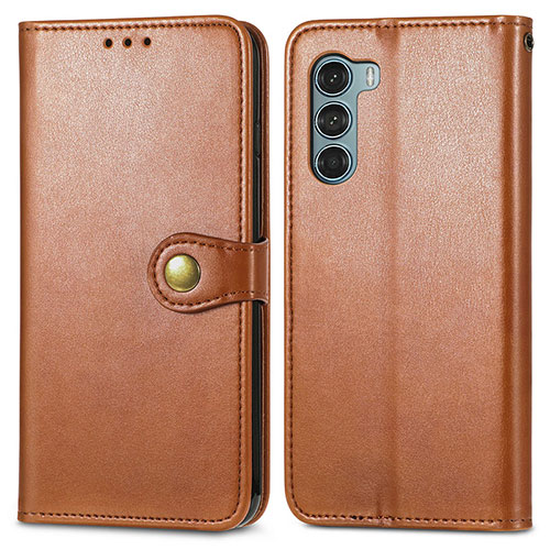 Leather Case Stands Flip Cover Holder S05D for Motorola Moto G200 5G Brown