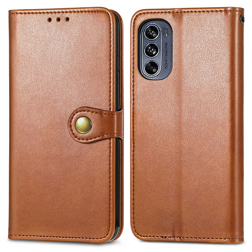 Leather Case Stands Flip Cover Holder S05D for Motorola Moto G62 5G Brown