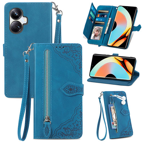 Leather Case Stands Flip Cover Holder S06D for Realme 10 Pro+ Plus 5G Blue