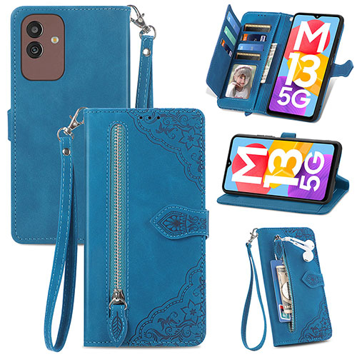 Leather Case Stands Flip Cover Holder S06D for Samsung Galaxy M13 5G Blue