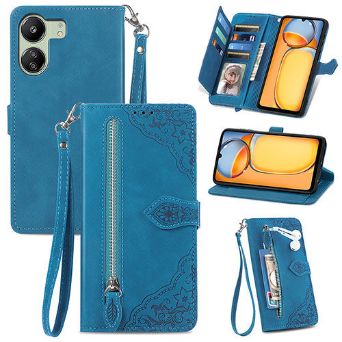 Leather Case Stands Flip Cover Holder S06D for Xiaomi Poco C65 Blue