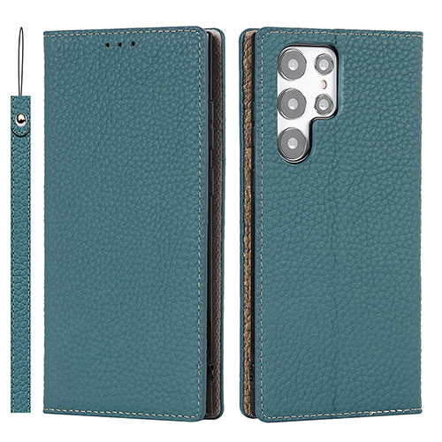 Leather Case Stands Flip Cover Holder T02D for Samsung Galaxy S22 Ultra 5G Cyan