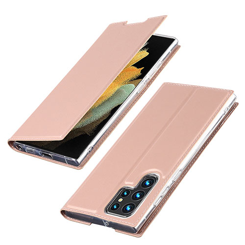 Leather Case Stands Flip Cover Holder T03D for Samsung Galaxy S22 Ultra 5G Rose Gold