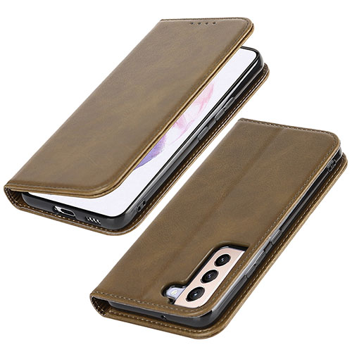 Leather Case Stands Flip Cover Holder T06D for Samsung Galaxy S21 5G Light Brown