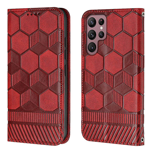 Leather Case Stands Flip Cover Holder Y01B for Samsung Galaxy S22 Ultra 5G Red