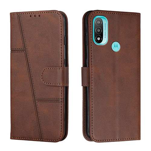 Leather Case Stands Flip Cover Holder Y01X for Motorola Moto E20 Brown