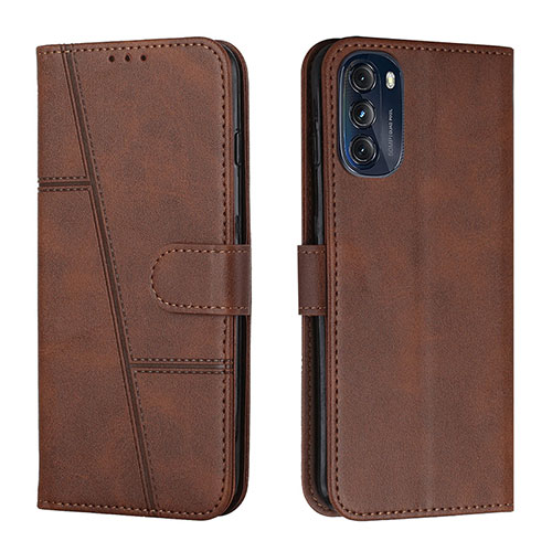 Leather Case Stands Flip Cover Holder Y01X for Motorola Moto G 5G (2022) Brown