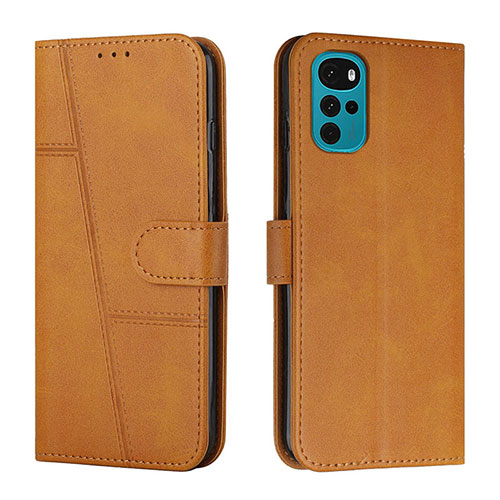 Leather Case Stands Flip Cover Holder Y01X for Motorola Moto G22 Light Brown