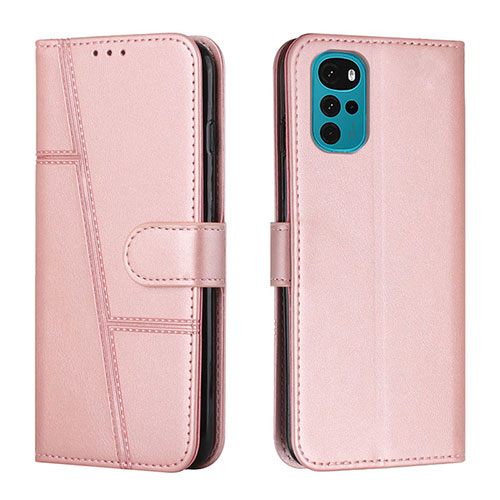 Leather Case Stands Flip Cover Holder Y01X for Motorola Moto G22 Rose Gold