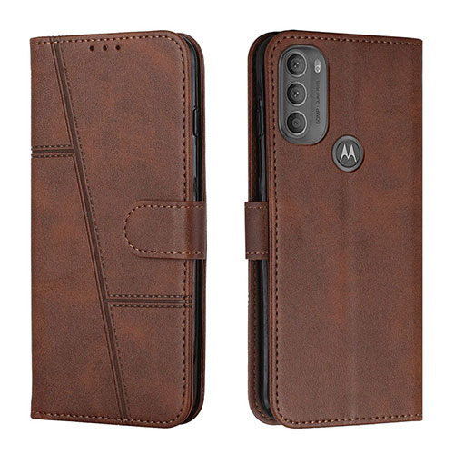 Leather Case Stands Flip Cover Holder Y01X for Motorola Moto G71 5G Brown