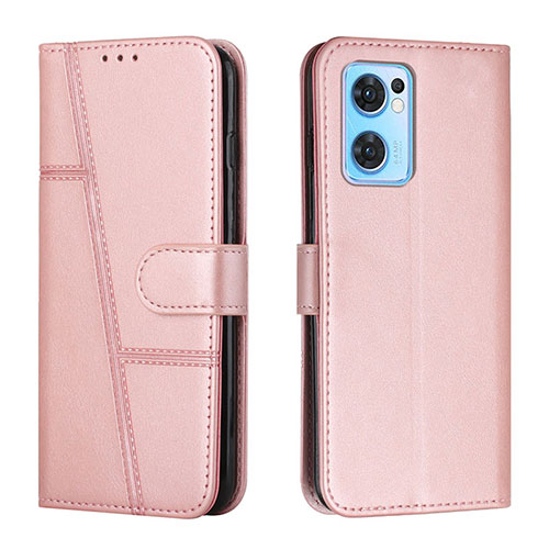 Leather Case Stands Flip Cover Holder Y01X for Oppo Reno7 5G Rose Gold