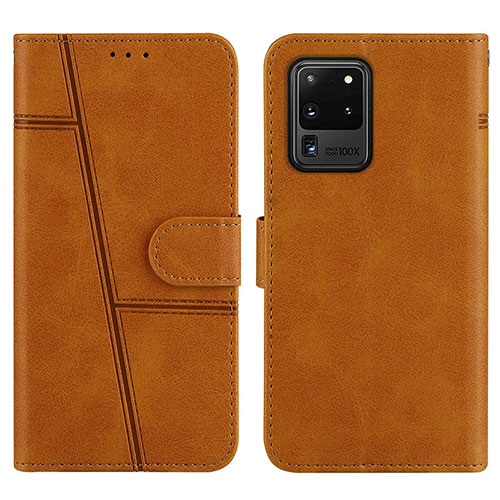 Leather Case Stands Flip Cover Holder Y01X for Samsung Galaxy S20 Ultra 5G Light Brown
