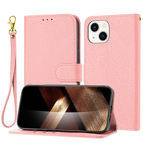 Leather Case Stands Flip Cover Holder Y09X for Apple iPhone 14 Rose Gold