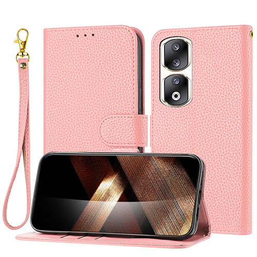 Leather Case Stands Flip Cover Holder Y09X for Huawei Honor 90 Pro 5G Rose Gold