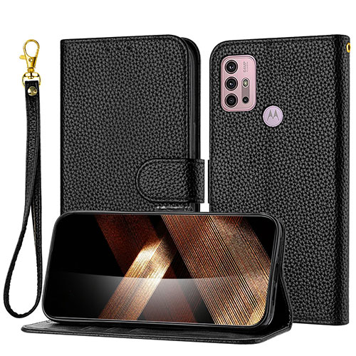 Leather Case Stands Flip Cover Holder Y09X for Motorola Moto G10 Power Black