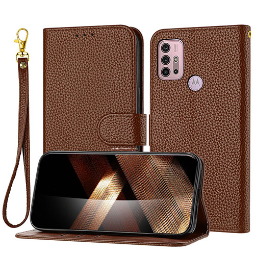 Leather Case Stands Flip Cover Holder Y09X for Motorola Moto G20 Brown