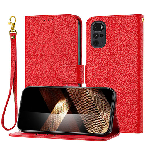 Leather Case Stands Flip Cover Holder Y09X for Motorola Moto G22 Red