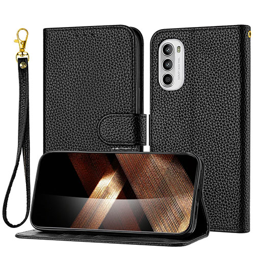 Leather Case Stands Flip Cover Holder Y09X for Motorola Moto G41 Black