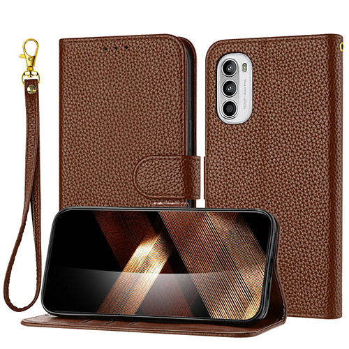 Leather Case Stands Flip Cover Holder Y09X for Motorola MOTO G52 Brown