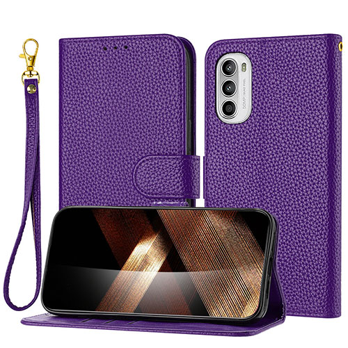 Leather Case Stands Flip Cover Holder Y09X for Motorola MOTO G52 Purple
