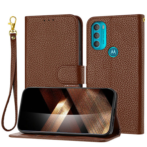 Leather Case Stands Flip Cover Holder Y09X for Motorola Moto G71 5G Brown