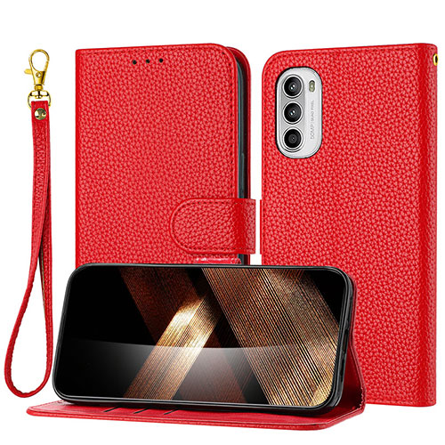 Leather Case Stands Flip Cover Holder Y09X for Motorola Moto G82 5G Red