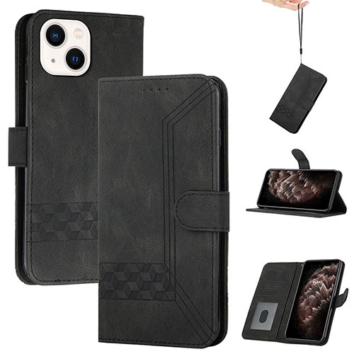 Leather Case Stands Flip Cover Holder YX4 for Apple iPhone 15 Plus Black