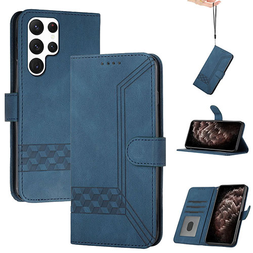 Leather Case Stands Flip Cover Holder YX4 for Samsung Galaxy S22 Ultra 5G Blue