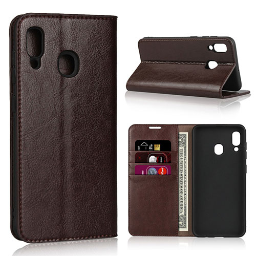 Leather Case Stands Flip Cover L01 Holder for Samsung Galaxy A20 Brown